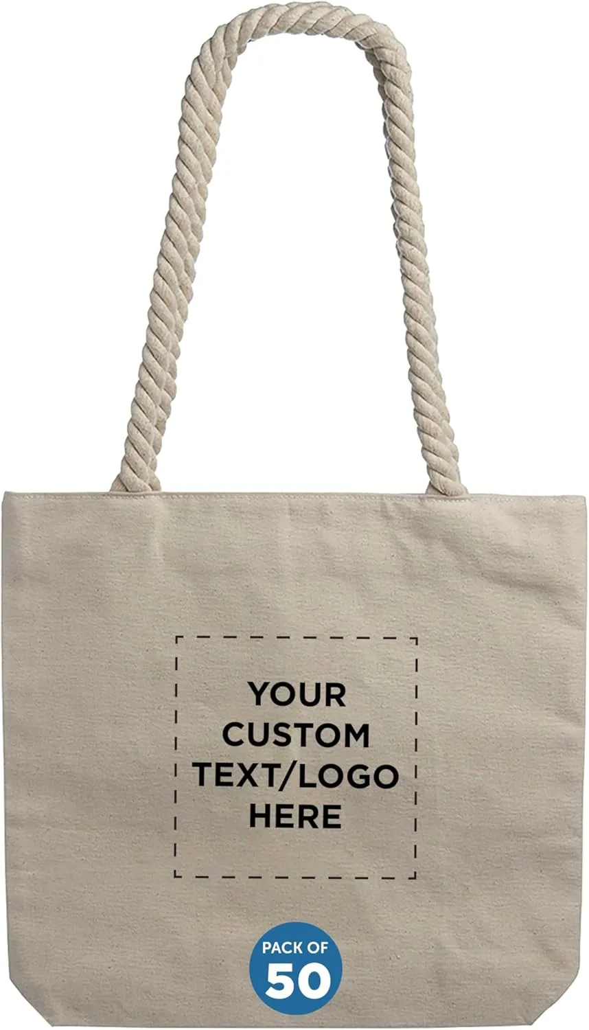 DISCOUNT PROMOS Custom Pristine Cove Canvas Tote with Rope Handles (Set of 50), Personalized Bulk Pack - Beach, Travel, Eco-Friendly - Natural Color, 14.75"X13.5", 12 OZ Cotton, with Zipper