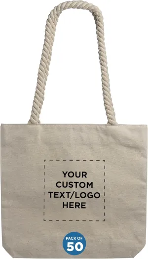 DISCOUNT PROMOS Custom Pristine Cove Canvas Tote with Rope Handles (Set of 50), Personalized Bulk Pack - Beach, Travel, Eco-Friendly - Natural Color, 14.75"X13.5", 12 OZ Cotton, with Zipper