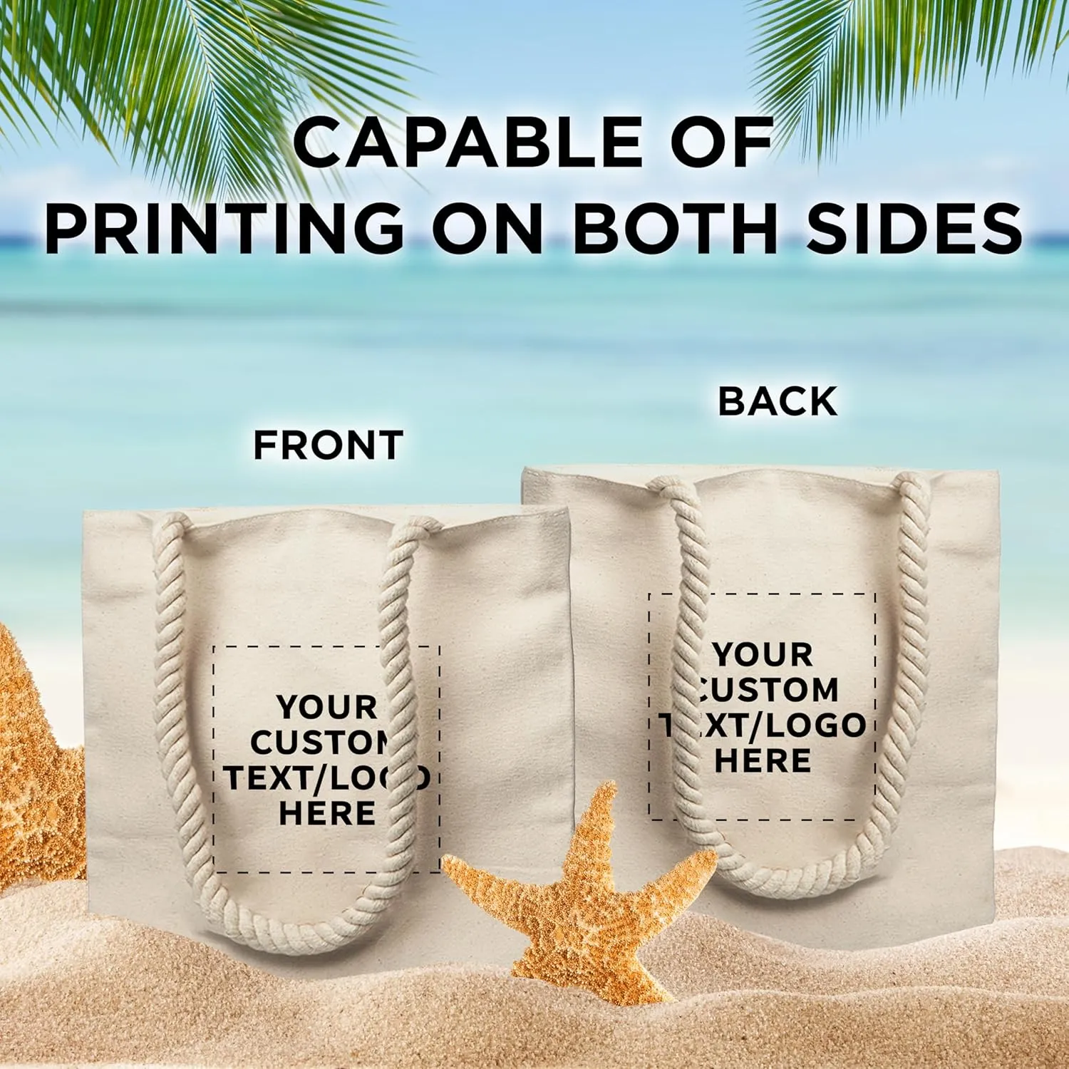 DISCOUNT PROMOS Custom Pristine Cove Canvas Tote with Rope Handles (Set of 50), Personalized Bulk Pack - Beach, Travel, Eco-Friendly - Natural Color, 14.75"X13.5", 12 OZ Cotton, with Zipper