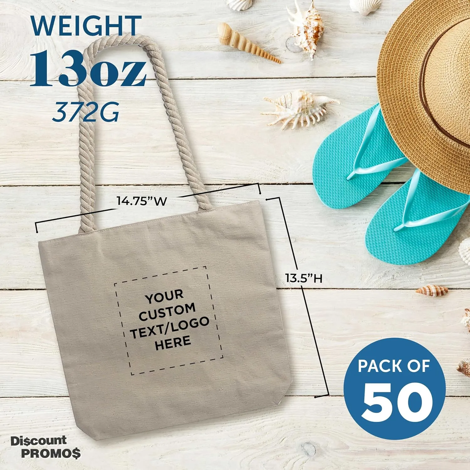 DISCOUNT PROMOS Custom Pristine Cove Canvas Tote with Rope Handles (Set of 50), Personalized Bulk Pack - Beach, Travel, Eco-Friendly - Natural Color, 14.75"X13.5", 12 OZ Cotton, with Zipper