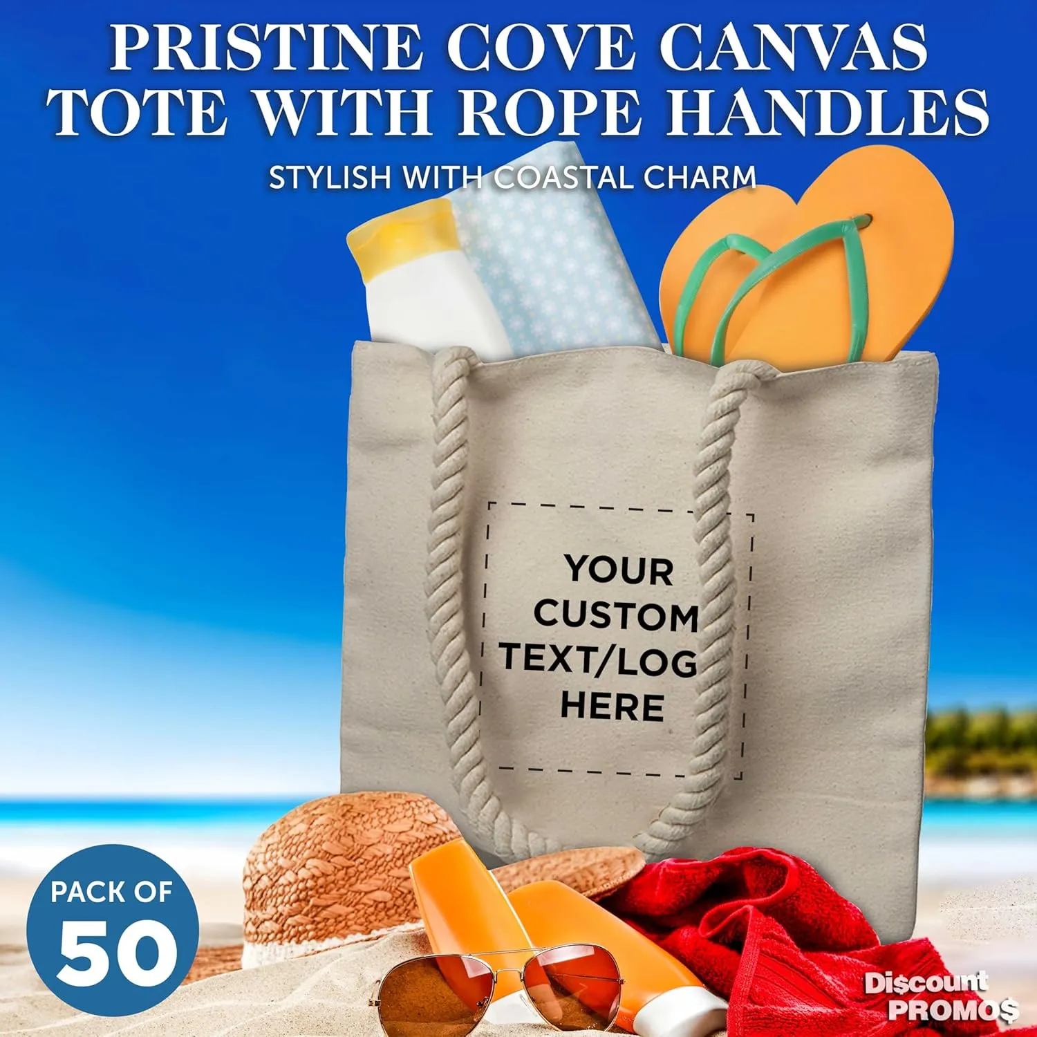 DISCOUNT PROMOS Custom Pristine Cove Canvas Tote with Rope Handles (Set of 50), Personalized Bulk Pack - Beach, Travel, Eco-Friendly - Natural Color, 14.75"X13.5", 12 OZ Cotton, with Zipper