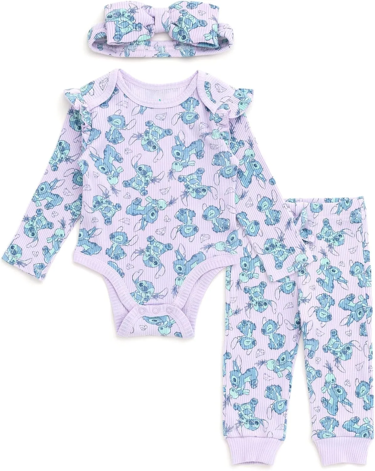 Disney Baby Girls Ribbed Bodysuit, Jogger Pants & Headband 3 Piece Outfit Set Newborn to Infant Sizes (Newborn - 24 Months)