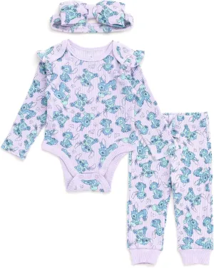 Disney Baby Girls Ribbed Bodysuit, Jogger Pants & Headband 3 Piece Outfit Set Newborn to Infant Sizes (Newborn - 24 Months)