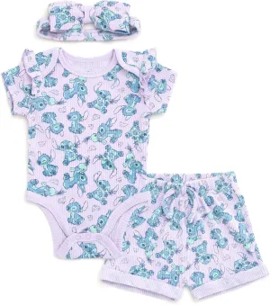 Disney Baby Girls Ribbed Bodysuit, Shorts and Headband 3 Piece Outfit Set Newborn to Infant Sizes (Newborn - 24 Months)