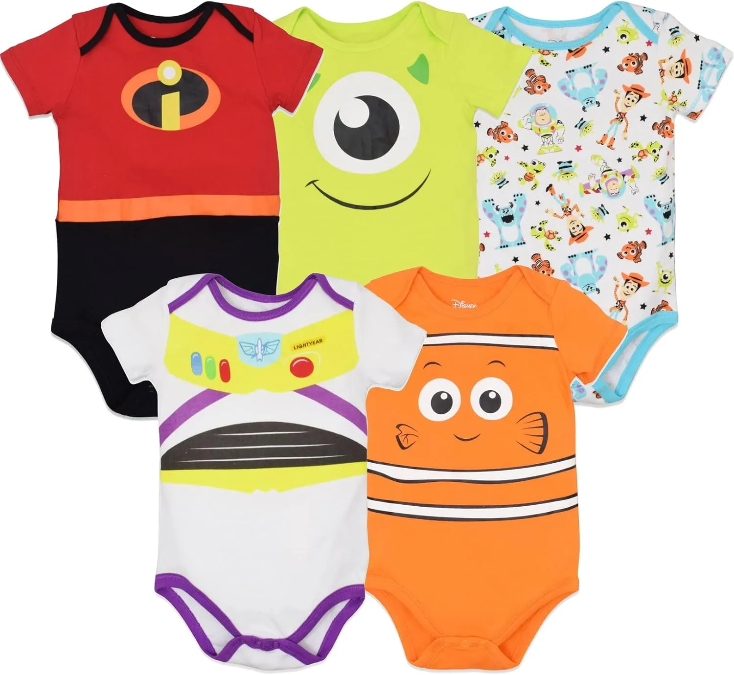 Disney Mickey Mouse Lion King Winnie the Pooh Pixar Toy Story Finding Nemo Baby 5 Pack Bodysuits Newborn to Infant