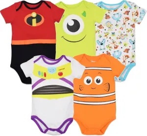 Disney Mickey Mouse Lion King Winnie the Pooh Pixar Toy Story Finding Nemo Baby 5 Pack Bodysuits Newborn to Infant