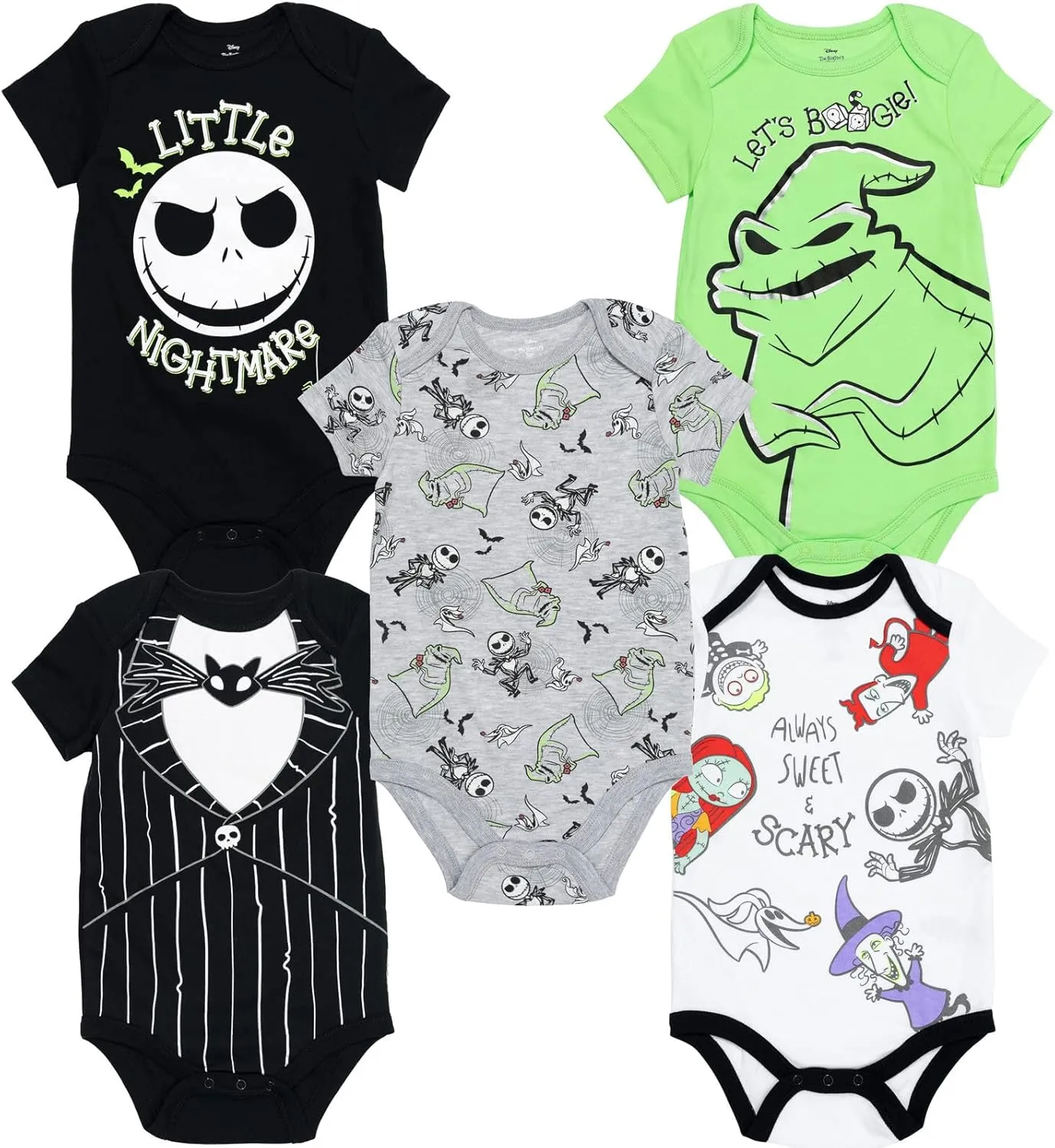 Disney Nightmare Before Christmas Sally Jack Skellington Baby Girls 5 Pack Bodysuits Newborn to Infant