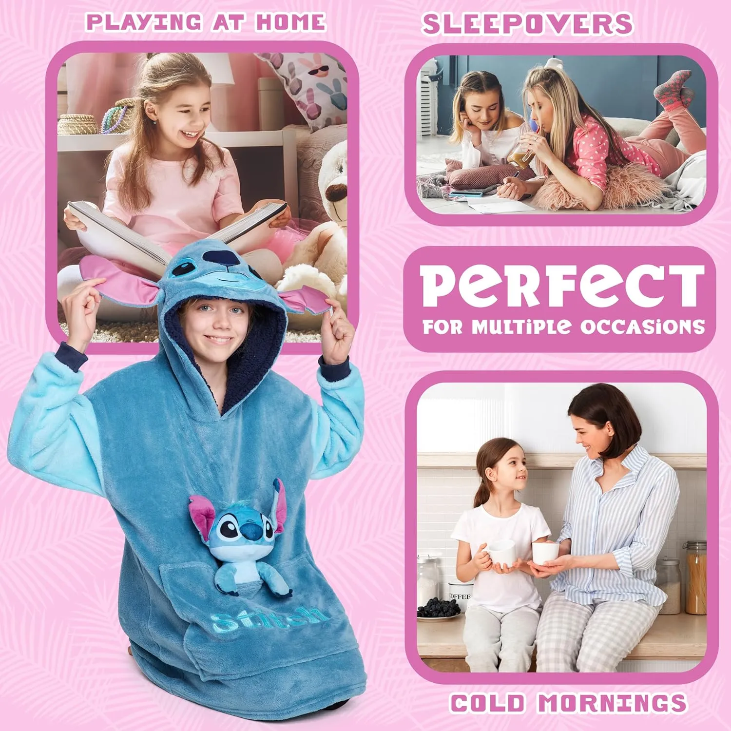 Disney Stitch Fleece Hoodie Blanket with Plush Toy for Teenagers Eeyore Angel Minnie Mouse Kids Oversized Hoodie