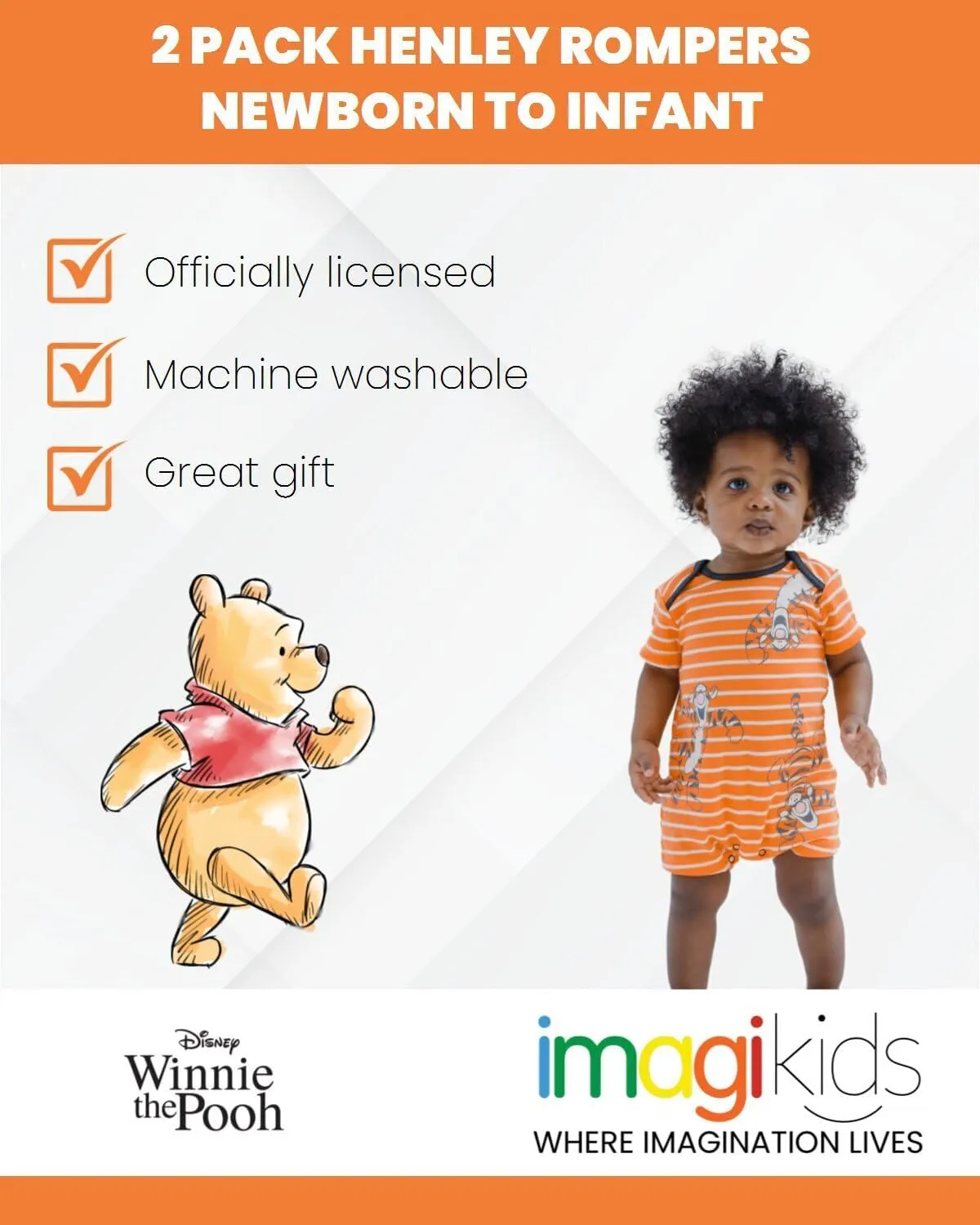Disney Winnie the Pooh Mickey Mouse Tigger Baby 2 Pack Henley Rompers Newborn to Toddler