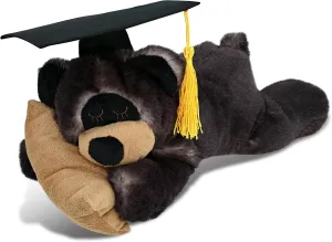 DolliBu Sleeping Black Bear with Pillow Graduation Plush Toy - Super Soft Black Bear Graduation Stuffed Animal Dress Up with Graduation Cap with Tassel - Reward Celebration Grad Gift - 10 Inch