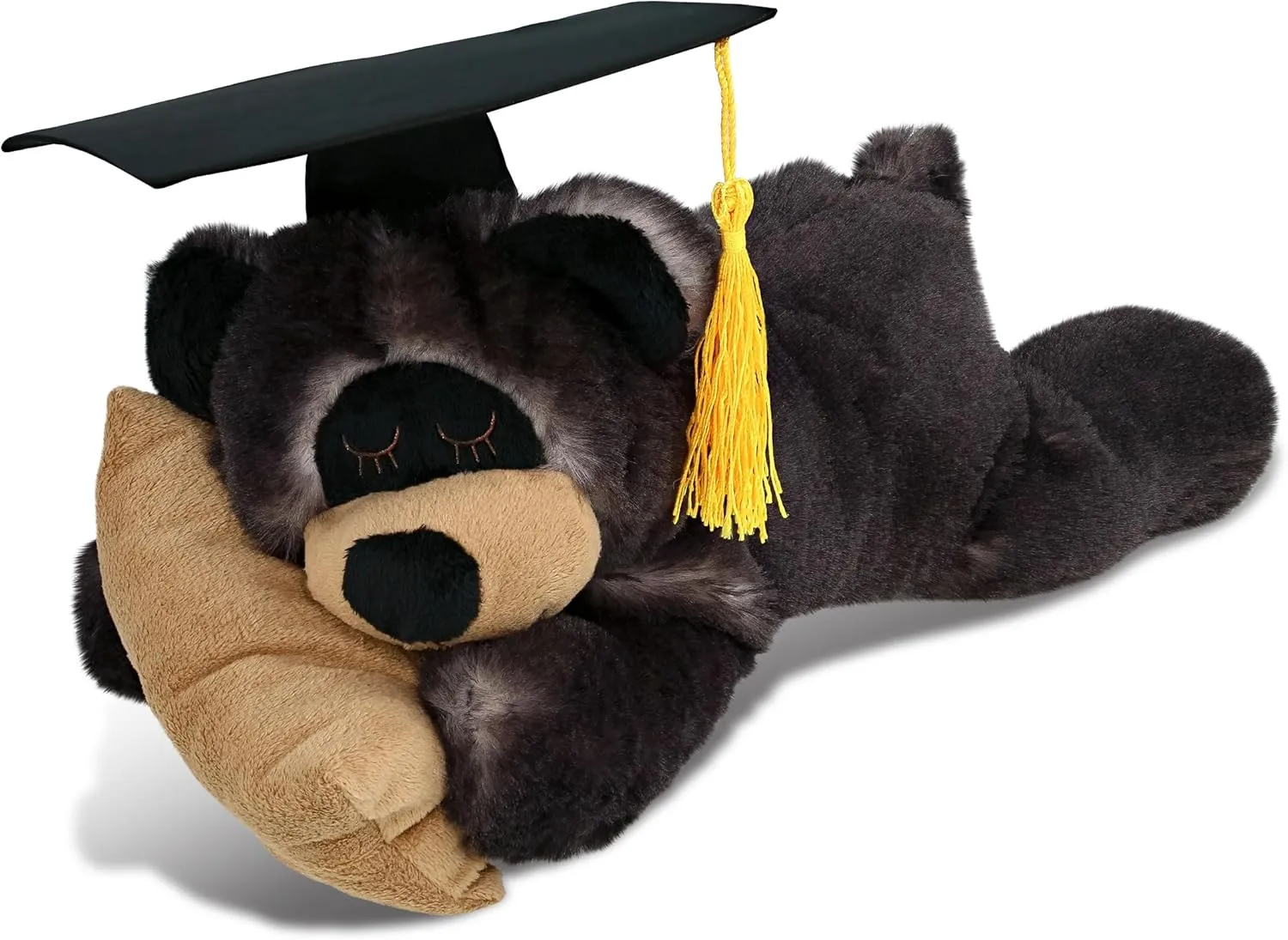 DolliBu Sleeping Black Bear with Pillow Graduation Plush Toy - Super Soft Black Bear Graduation Stuffed Animal Dress Up with Graduation Cap with Tassel - Reward Celebration Grad Gift - 10 Inch