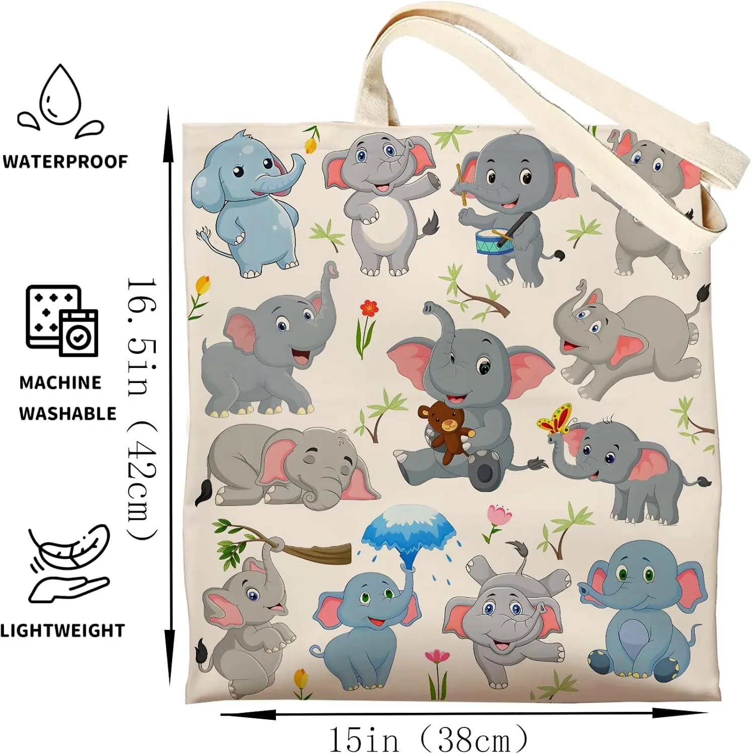 DOOX Elephant Tote Bag, Canvas Reusable Shopping -Grocery/Beach/Gifts Bag - Birthday & Christmas Elephant Gifts for Women