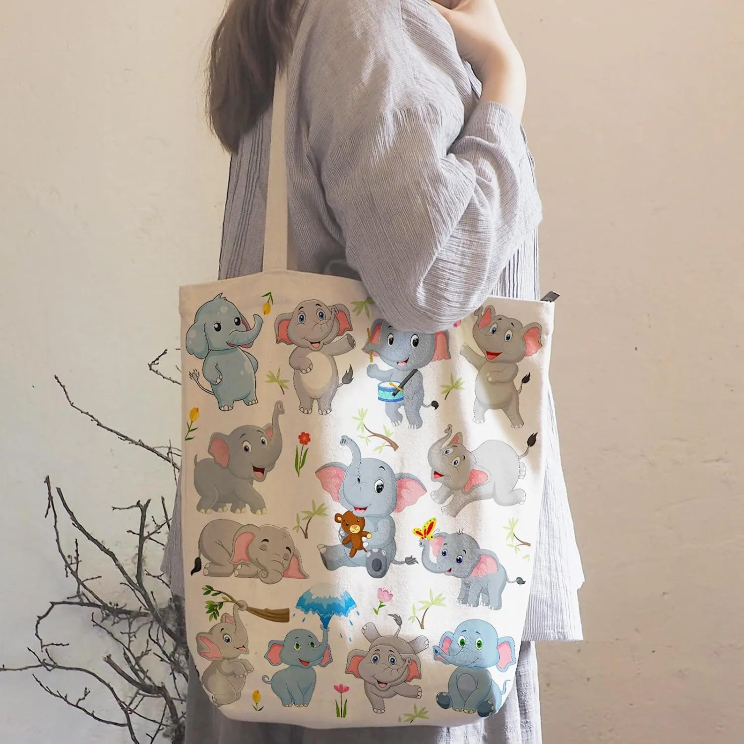 DOOX Elephant Tote Bag, Canvas Reusable Shopping -Grocery/Beach/Gifts Bag - Birthday & Christmas Elephant Gifts for Women