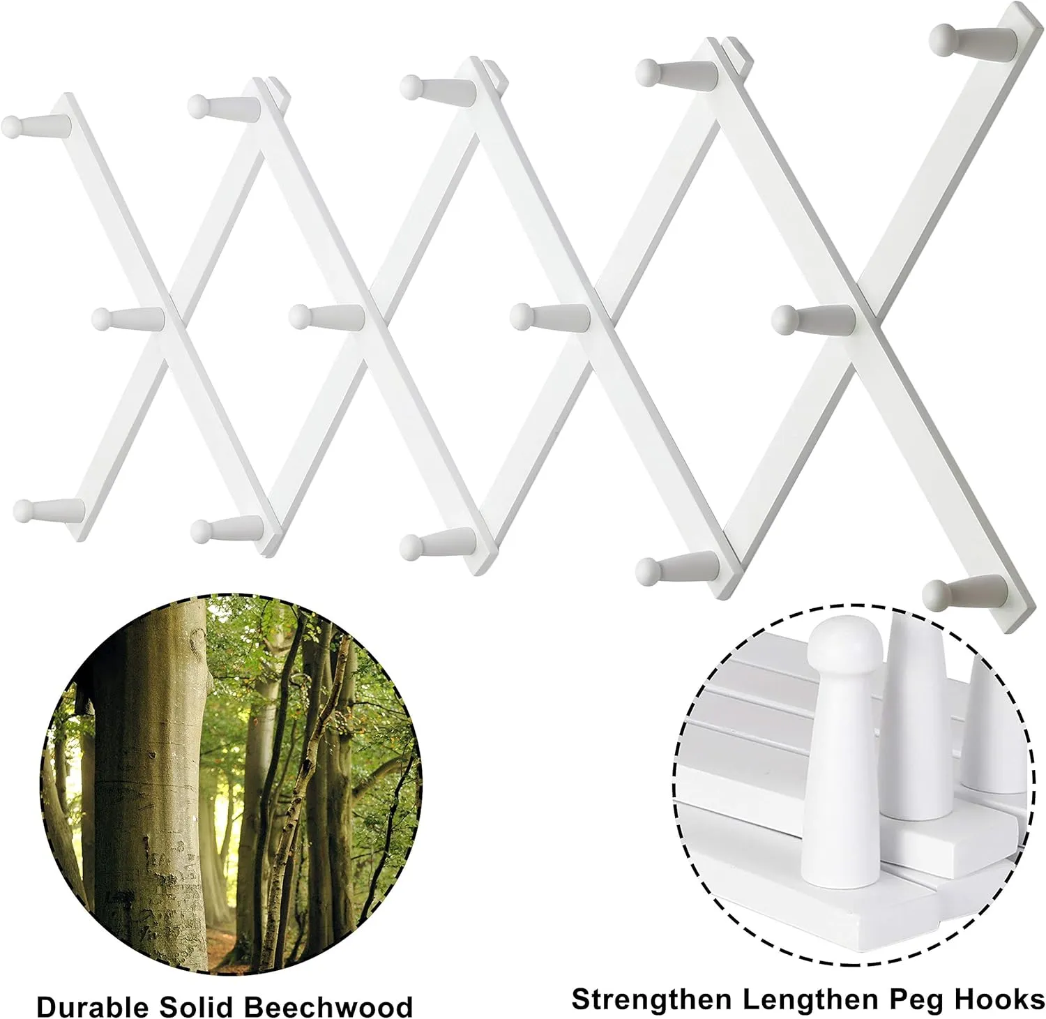 Dseap Accordian Wall Hanger: 16” High Wooden Wall Expandable Coat Rack, Hat Rack Holder, Accordion Hook for Baseball Caps, Coats, Mugs, 14 Peg Hooks, White