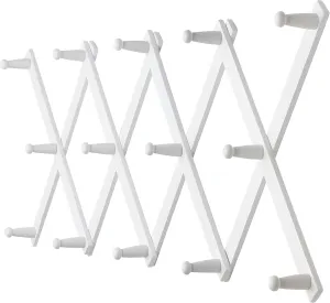 Dseap Accordian Wall Hanger: 16” High Wooden Wall Expandable Coat Rack, Hat Rack Holder, Accordion Hook for Baseball Caps, Coats, Mugs, 14 Peg Hooks, White