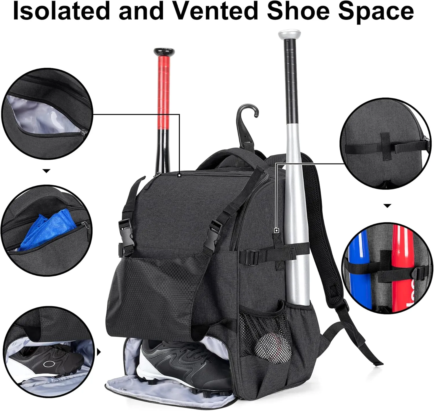 DSLEAF Baseball Backpack for 4 Bats, Softball Bag with External Helmet Holder and Separate Shoe Space Up to US Mens 13