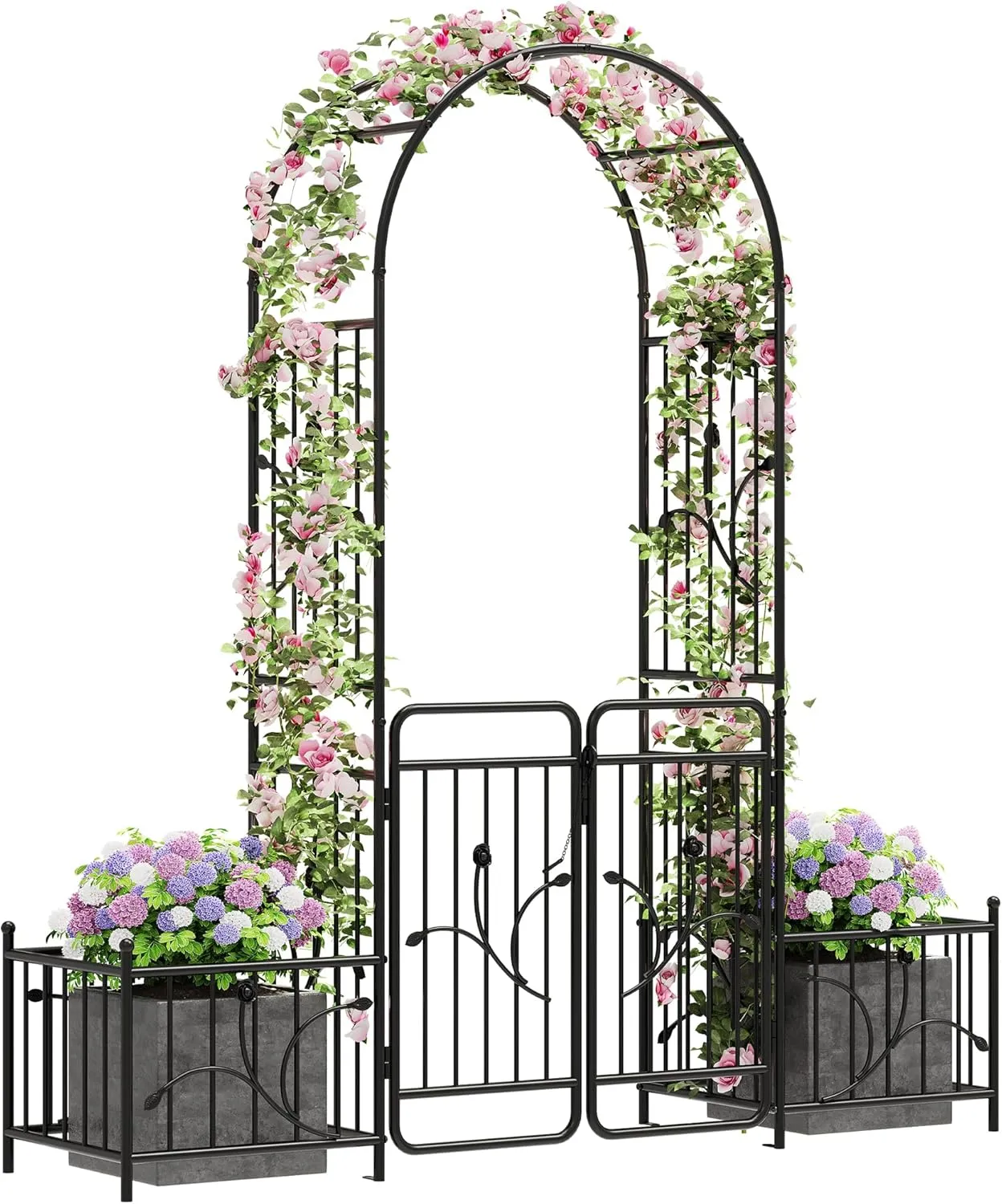 DWVO Metal Garden Arbor with Gate & Planter Boxes, 87" H Outdoor Lawn Arch for Climbing Plants, Roses, Vines, Wedding Archway Party Decor for Lawn, Patio, Backyard