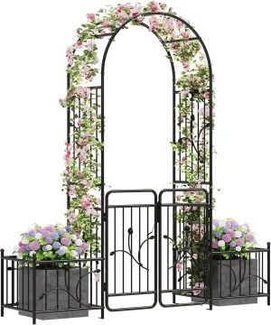 DWVO Metal Garden Arbor with Gate & Planter Boxes, 87" H Outdoor Lawn Arch for Climbing Plants, Roses, Vines, Wedding Archway Party Decor for Lawn, Patio, Backyard
