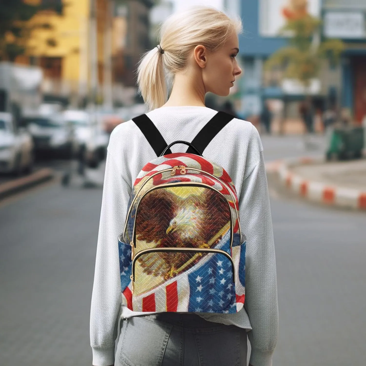 Eagle and American Flag Mini Backpack for Women, Travel Backpack Purse Daypack Shoulder Bag for Ladies