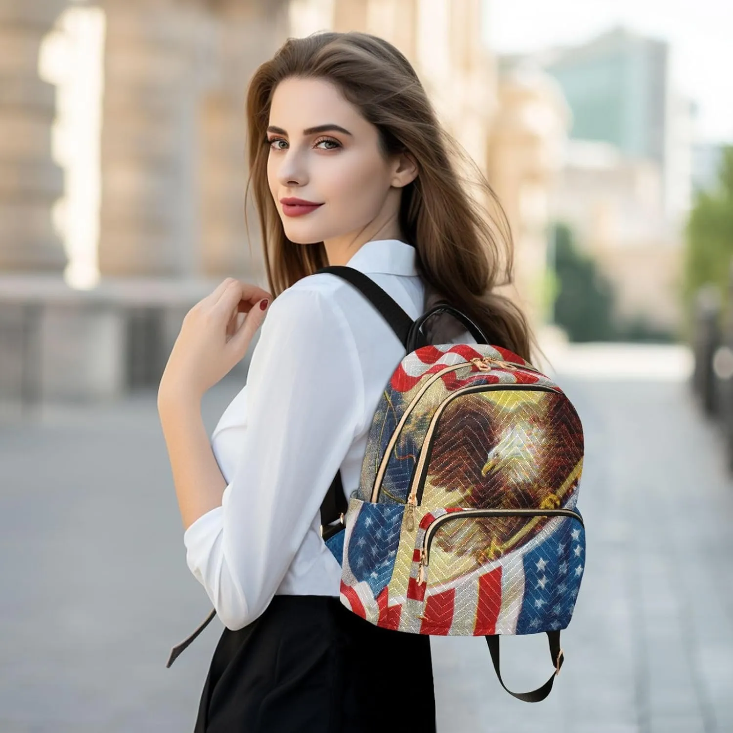 Eagle and American Flag Mini Backpack for Women, Travel Backpack Purse Daypack Shoulder Bag for Ladies