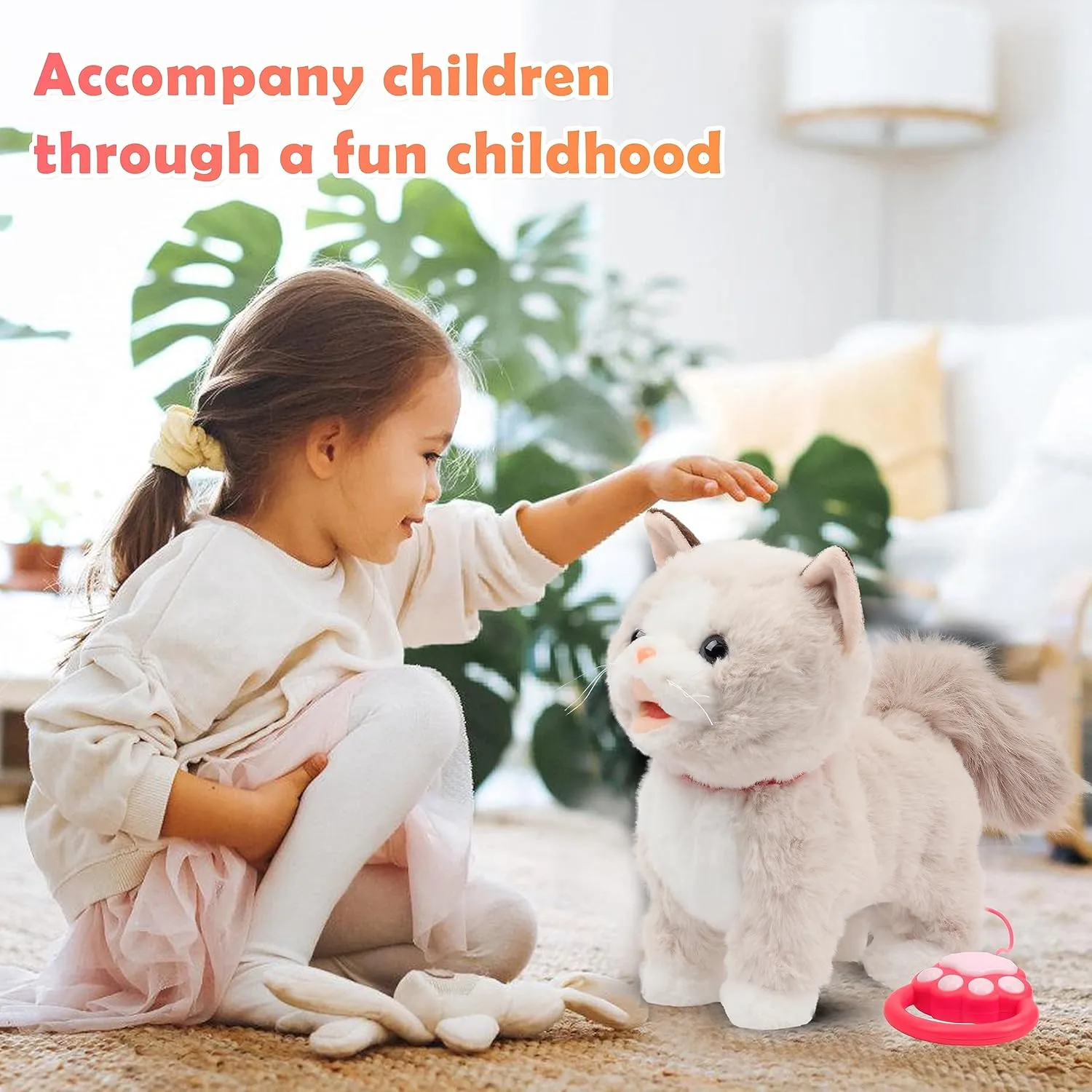 Easfan 12" Walking Kitty Electric Interactive Talking Musical Cat Plush Toy with Remote Control Leash Meowing Tail Wagging Christmas Birthday Gifts for Kids Toddlers, Beige