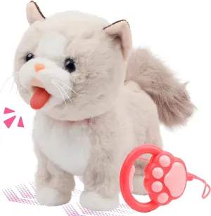 Easfan 12" Walking Kitty Electric Interactive Talking Musical Cat Plush Toy with Remote Control Leash Meowing Tail Wagging Christmas Birthday Gifts for Kids Toddlers, Beige