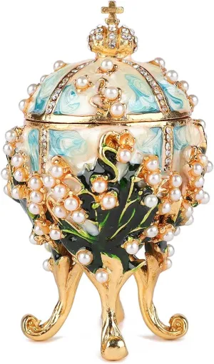 Easter Egg Jewelry Trinket Box Hinged Enamel Ornaments Victorian Style Hand-Painted Metal Craft Gift for Home Decor (Skyblue)