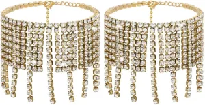 ELABEST Boho Tassels Ankle Bracelet Crystal Anklets 2Pcs Glitter Rhinestone Tennis High-heeled Foot Chain Wedding Body Jewelry Accessories for Women and Girls