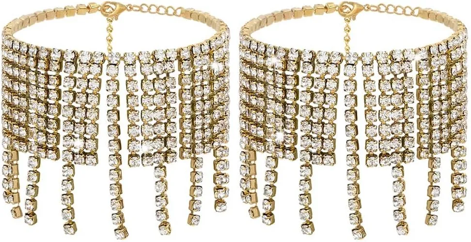 ELABEST Boho Tassels Ankle Bracelet Crystal Anklets 2Pcs Glitter Rhinestone Tennis High-heeled Foot Chain Wedding Body Jewelry Accessories for Women and Girls
