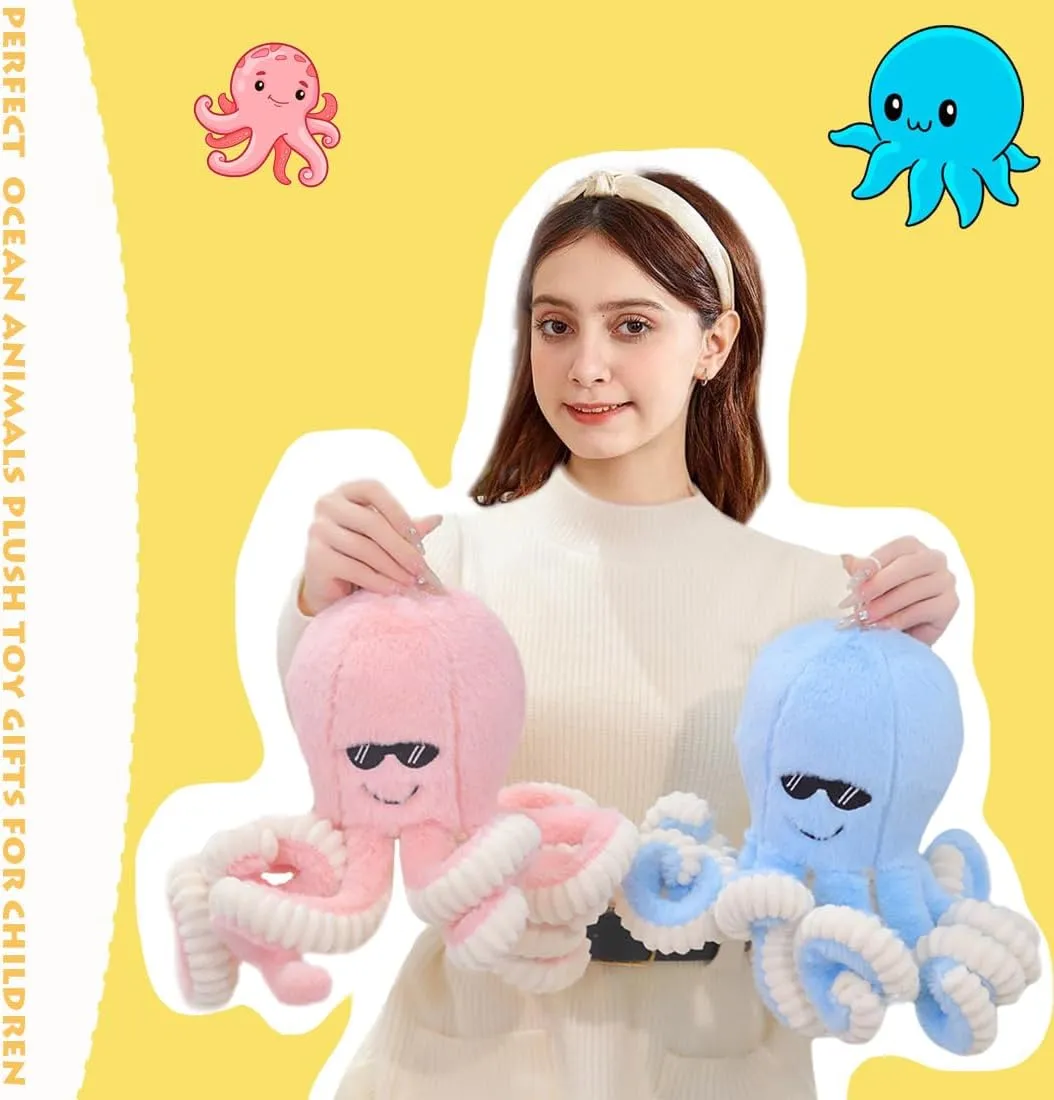 ELAINREN Furry Blue Octopus Plush Ocean Dolls,Realistic Stuffed Octopus Toy wear Sunglasses,Lifelike Marine Octopus Squid Plushie Pillow/15.7''