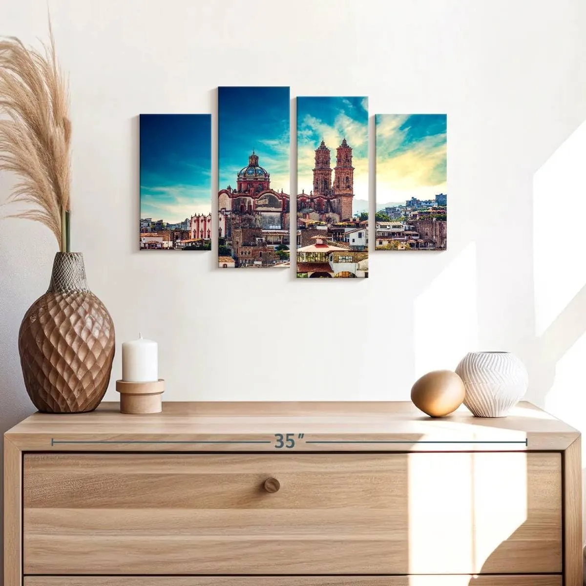 Elephant Stock - Taxco Plaza Wall Art - Horizontal Multi Panel Canvas - 4 Piece Living Room Wall Decor - Photography Places Multi Piece Wall Art - Blue And Brown Decor - 24" x 14"