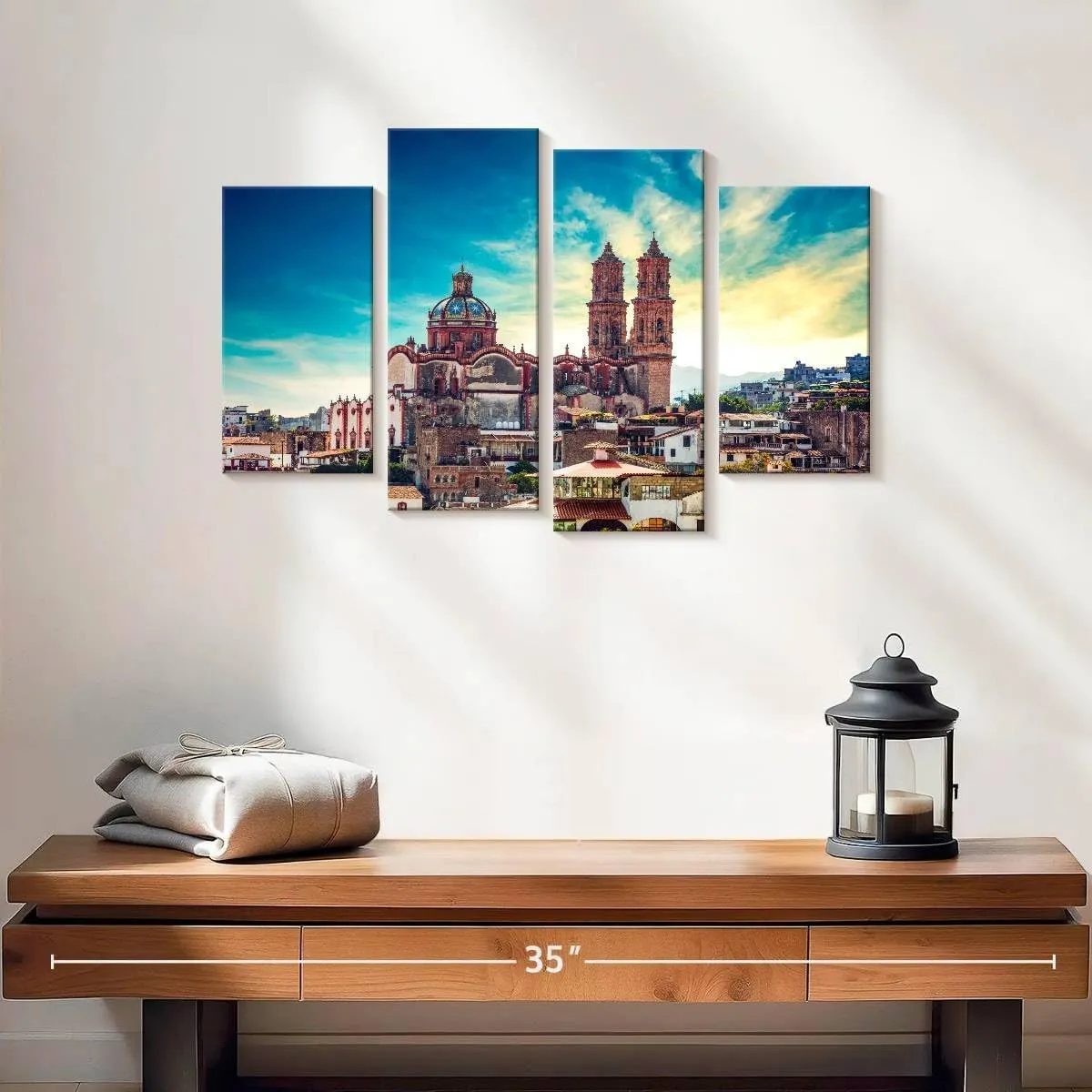 Elephant Stock - Taxco Plaza Wall Art - Horizontal Multi Panel Canvas - 4 Piece Living Room Wall Decor - Photography Places Multi Piece Wall Art - Blue And Brown Decor - 24" x 14"