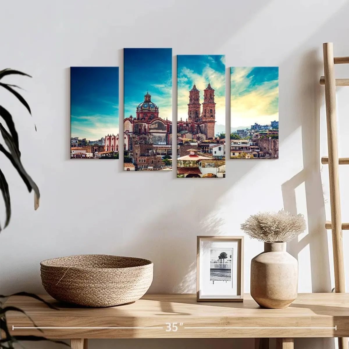 Elephant Stock - Taxco Plaza Wall Art - Horizontal Multi Panel Canvas - 4 Piece Living Room Wall Decor - Photography Places Multi Piece Wall Art - Blue And Brown Decor - 24" x 14"