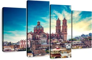 Elephant Stock - Taxco Plaza Wall Art - Horizontal Multi Panel Canvas - 4 Piece Living Room Wall Decor - Photography Places Multi Piece Wall Art - Blue And Brown Decor - 24" x 14"