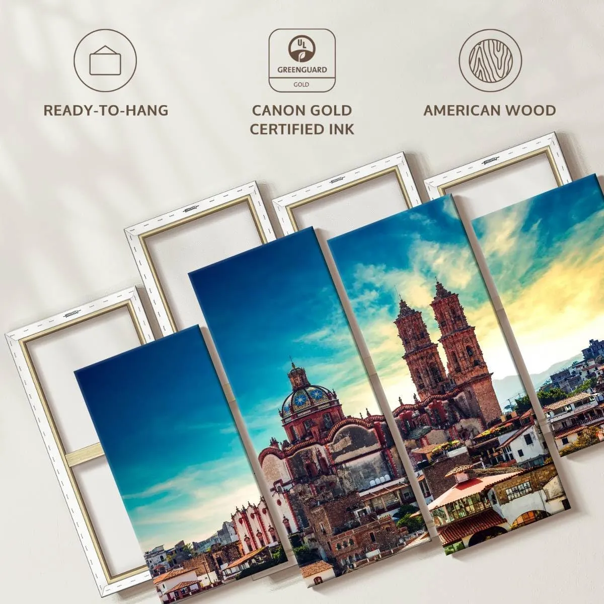 Elephant Stock - Taxco Plaza Wall Art - Horizontal Multi Panel Canvas - 4 Piece Living Room Wall Decor - Photography Places Multi Piece Wall Art - Blue And Brown Decor - 24" x 14"