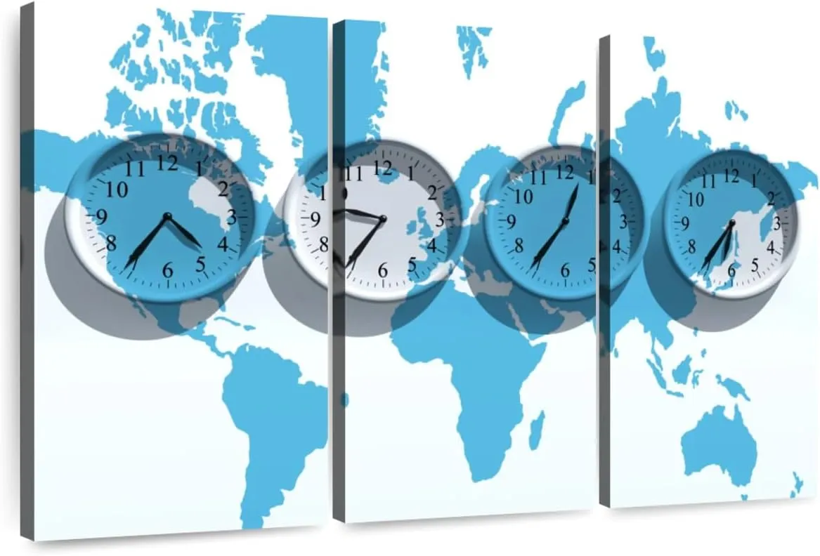 Elephant Stock - Time Zones World Map Wall Art - Horizontal Multi Panel Canvas - 3 Piece Living Room Wall Decor - Digital Art Decor Elements Multi Piece Wall Art - White And Black Decor - 23" x 14"