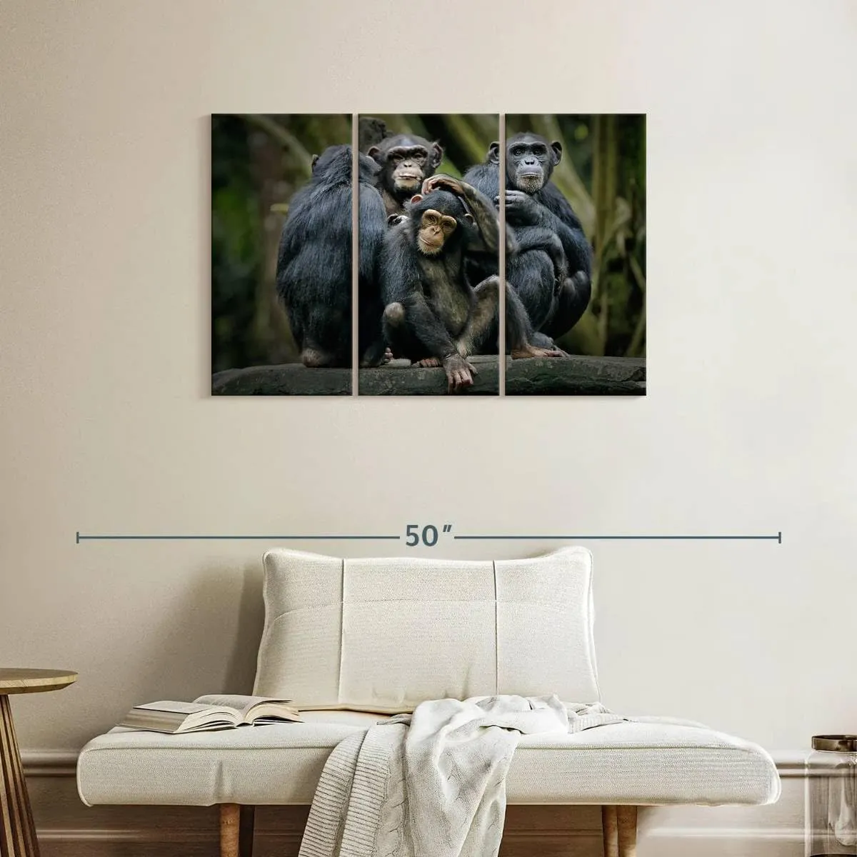 ElephantStock - Chimps And Bonobos Wall Art - Horizontal Multi Panel Canvas - 3 Piece Living Room Wall Decor - Photography Animal Multi Piece Wall Art - Black And Green Decor - 38" x 24"