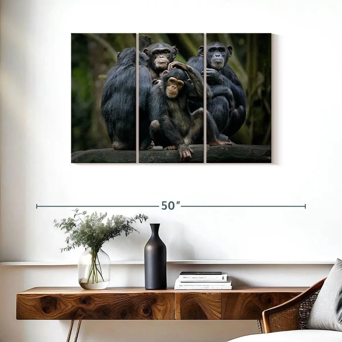 ElephantStock - Chimps And Bonobos Wall Art - Horizontal Multi Panel Canvas - 3 Piece Living Room Wall Decor - Photography Animal Multi Piece Wall Art - Black And Green Decor - 38" x 24"