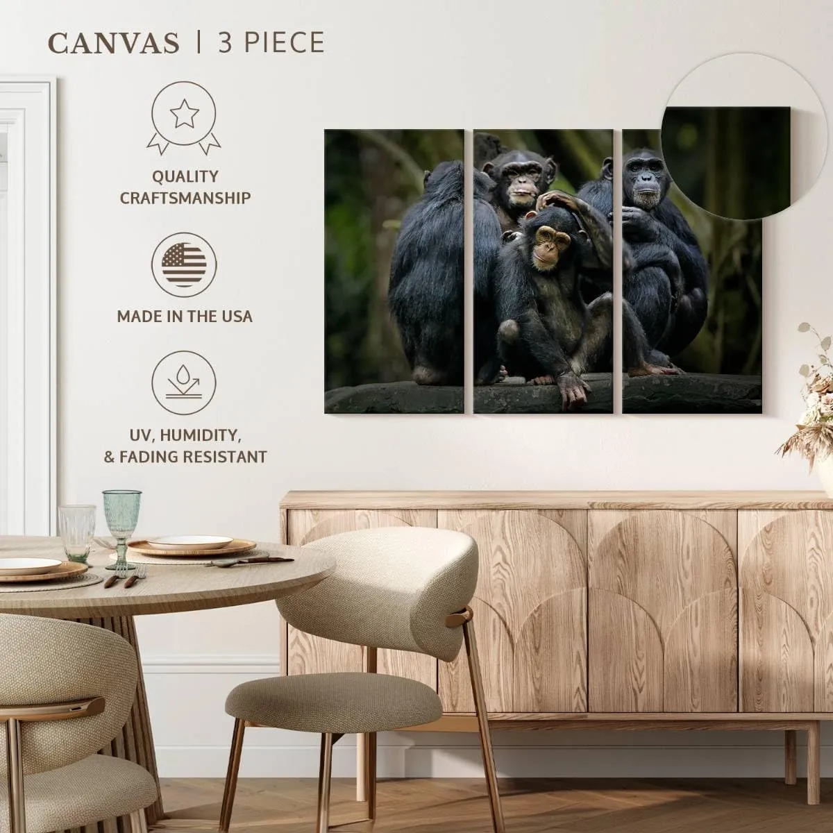 ElephantStock - Chimps And Bonobos Wall Art - Horizontal Multi Panel Canvas - 3 Piece Living Room Wall Decor - Photography Animal Multi Piece Wall Art - Black And Green Decor - 38" x 24"