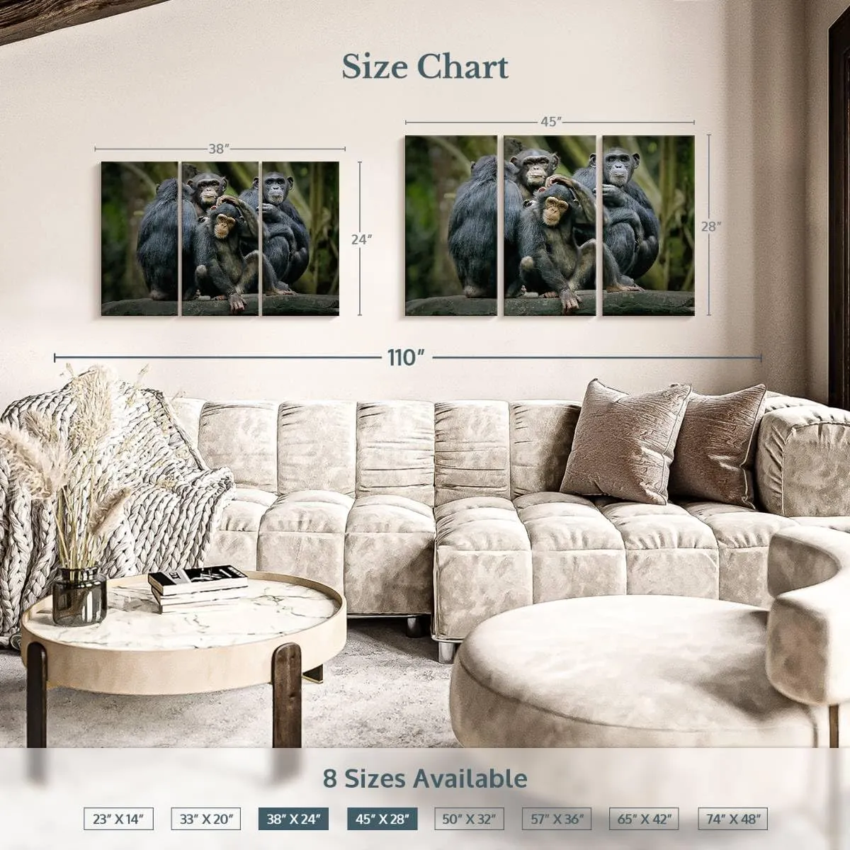 ElephantStock - Chimps And Bonobos Wall Art - Horizontal Multi Panel Canvas - 3 Piece Living Room Wall Decor - Photography Animal Multi Piece Wall Art - Black And Green Decor - 38" x 24"