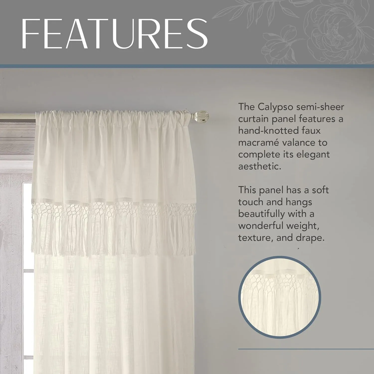 Elrene Home Fashions Calypso Boho Hand-Knotted Macrame Tassel Semi-Sheer Cotton Rod-Pocket Window Curtain Panel, 52 inches by 95 inches, Ivory