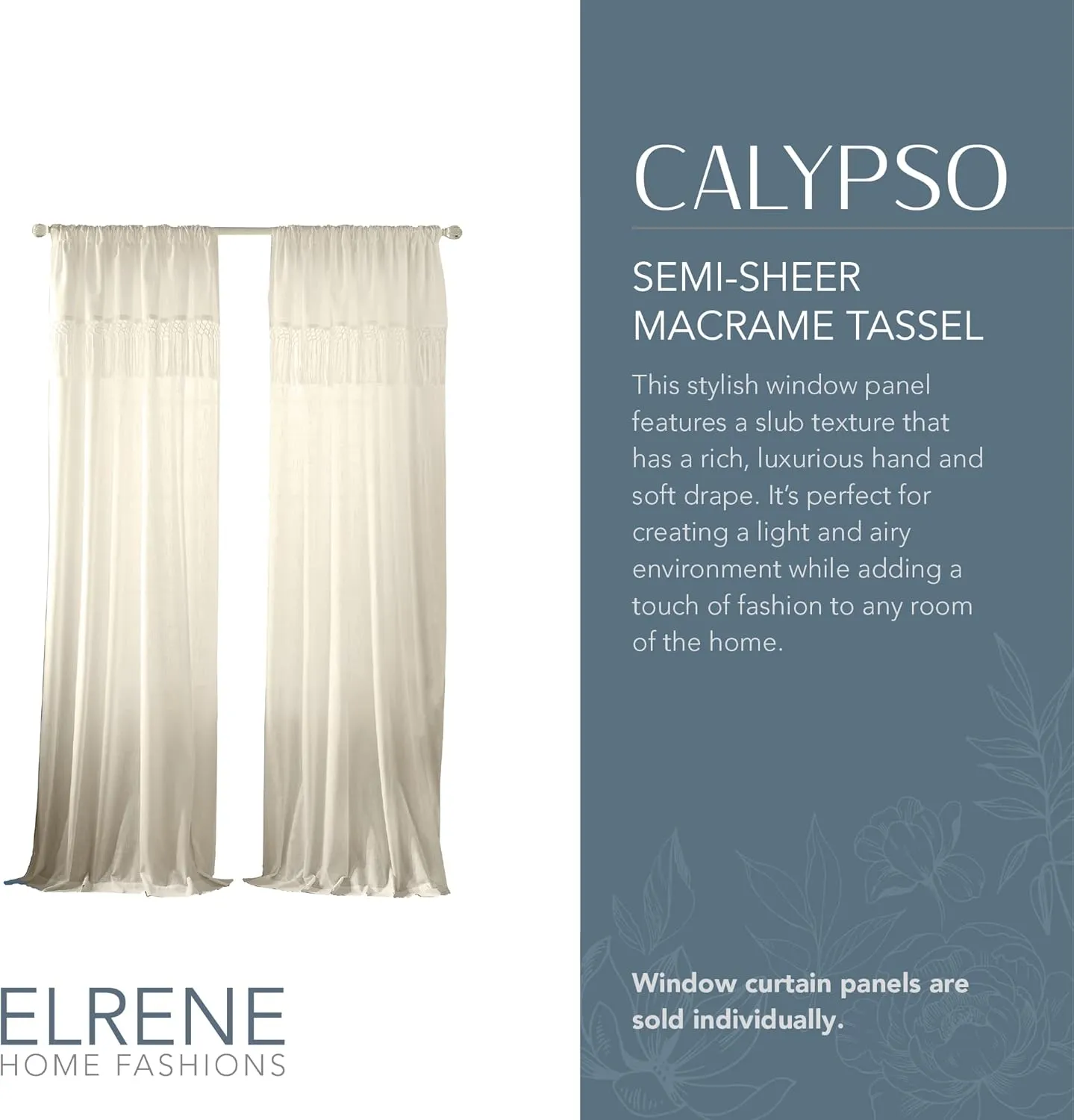 Elrene Home Fashions Calypso Boho Hand-Knotted Macrame Tassel Semi-Sheer Cotton Rod-Pocket Window Curtain Panel, 52 inches by 95 inches, Ivory
