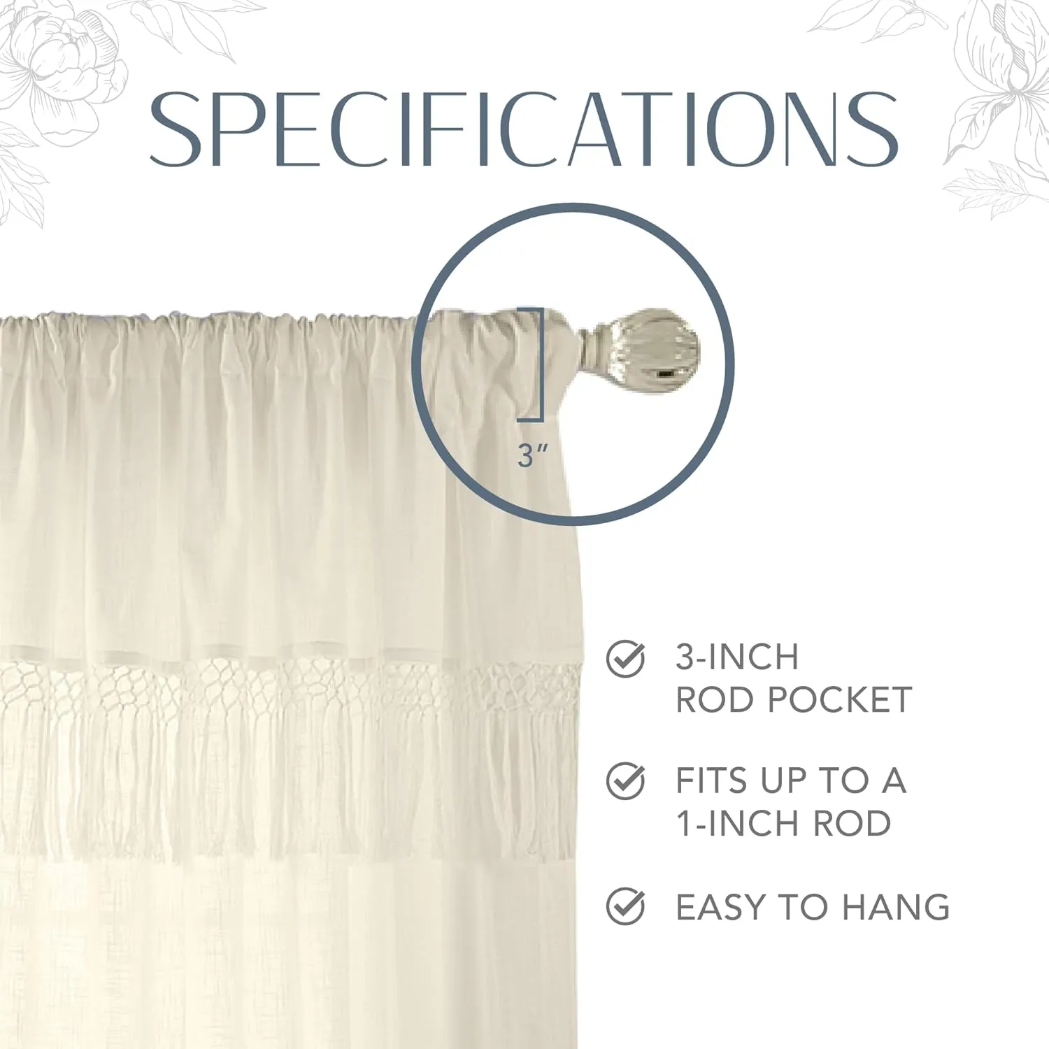 Elrene Home Fashions Calypso Boho Hand-Knotted Macrame Tassel Semi-Sheer Cotton Rod-Pocket Window Curtain Panel, 52 inches by 95 inches, Ivory