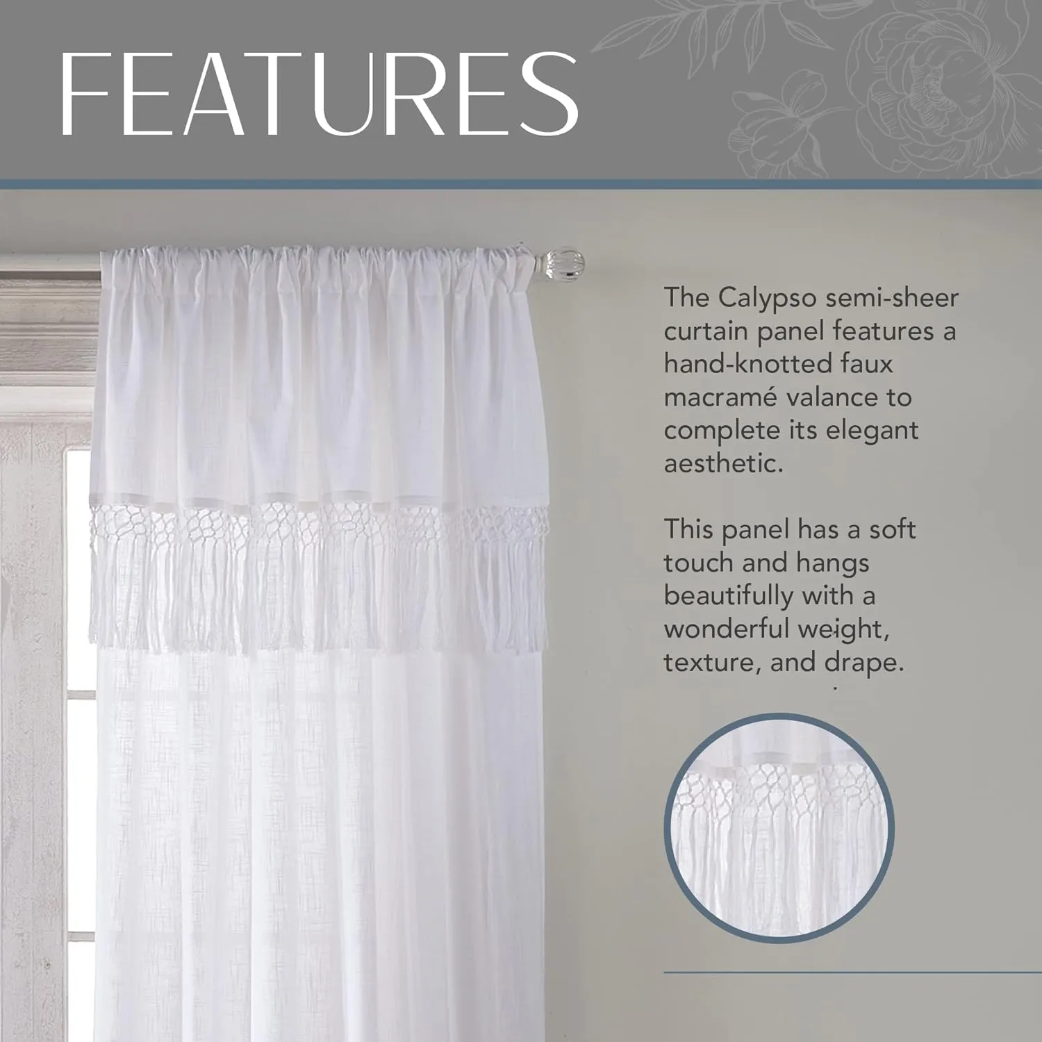 Elrene Home Fashions Calypso Boho Hand-Knotted Macrame Tassel Semi-Sheer Cotton Rod-Pocket Window Curtain Panel, 52 inches by 95 inches, White