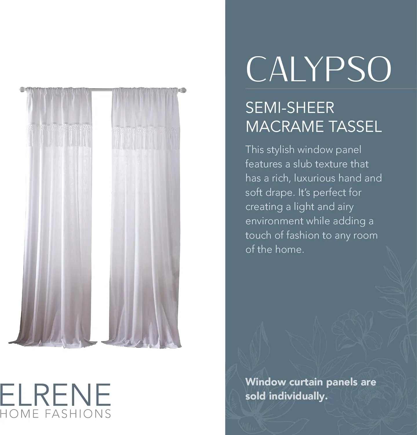 Elrene Home Fashions Calypso Boho Hand-Knotted Macrame Tassel Semi-Sheer Cotton Rod-Pocket Window Curtain Panel, 52 inches by 95 inches, White