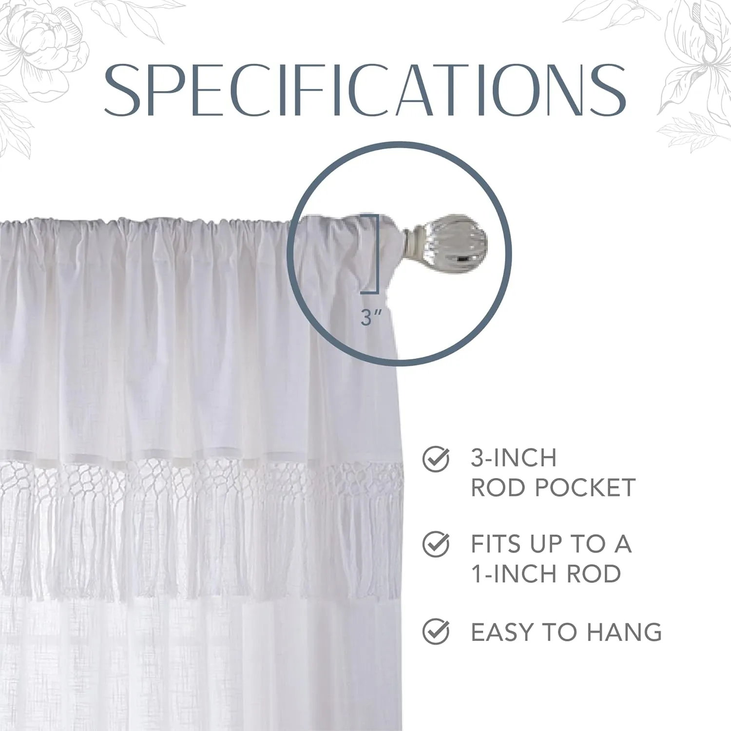 Elrene Home Fashions Calypso Boho Hand-Knotted Macrame Tassel Semi-Sheer Cotton Rod-Pocket Window Curtain Panel, 52 inches by 95 inches, White