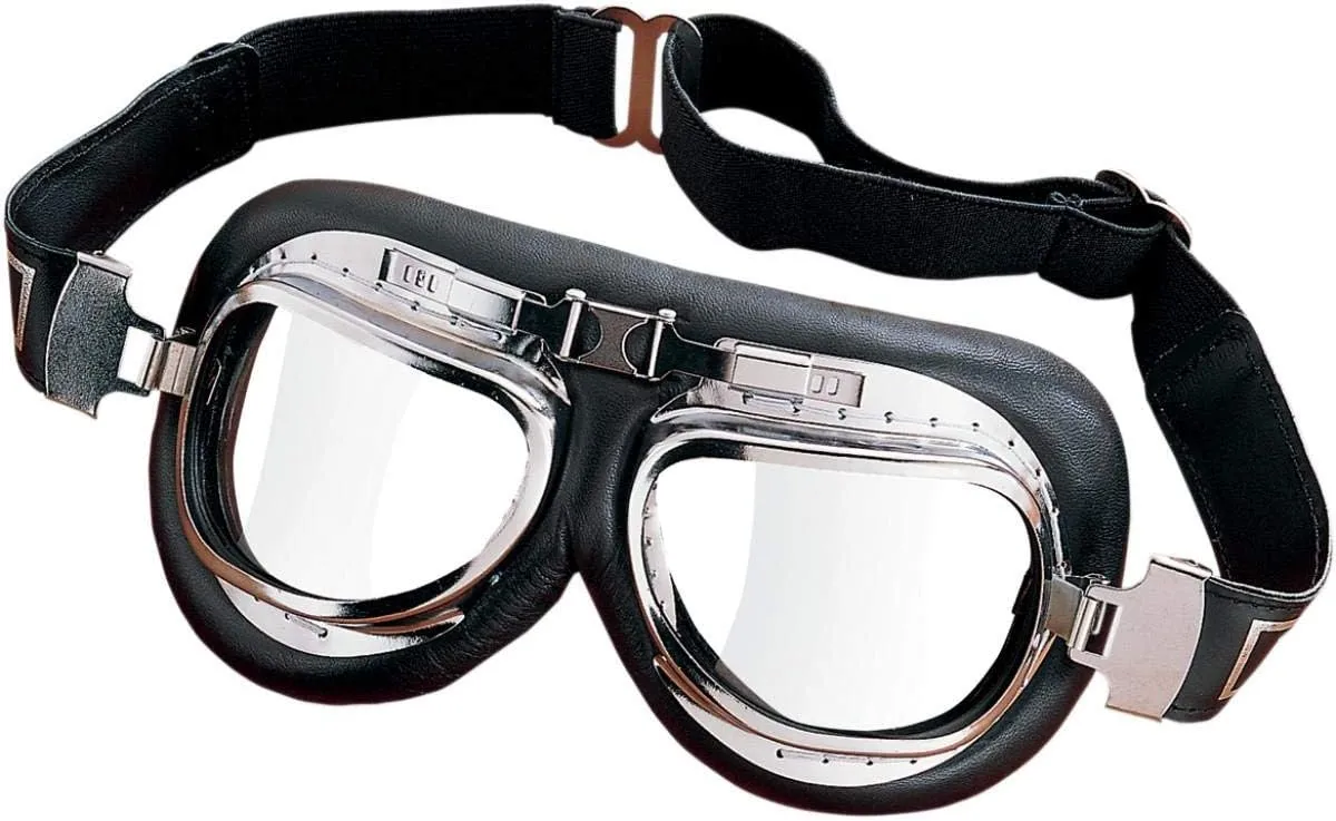 Emgo Roadhawk Leather One-Piece Anti-Fog Lens Goggles (Chrome Finish)
