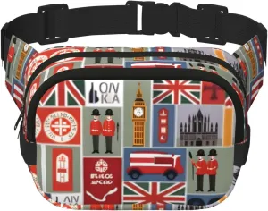 England Symbols Print Square Double Layer functionality Waist Bag Unisex Crossbody Pack Travel Workout