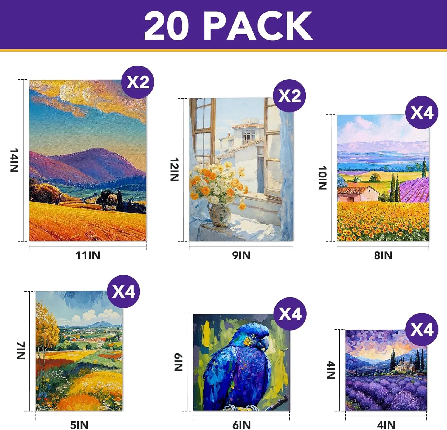 ESRICH Canvas Boards for Painting 20 Multi Pack Paint Canvas Panels 11x14, 9x12, 8x10, 6x6, 5x7, 4x4 Blank Canvases for Painting-Cotton Primed Painting Canvas for Acrylic, Oil, Gouache & Tempera