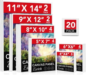 ESRICH Canvas Boards for Painting 20 Multi Pack Paint Canvas Panels 11x14, 9x12, 8x10, 6x6, 5x7, 4x4 Blank Canvases for Painting-Cotton Primed Painting Canvas for Acrylic, Oil, Gouache & Tempera